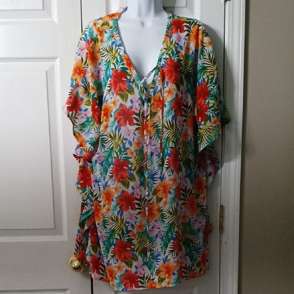 Time and Tru sheer tropical tunic beach coverup Sz L (12-14) NWOT - Picture 1 of 7